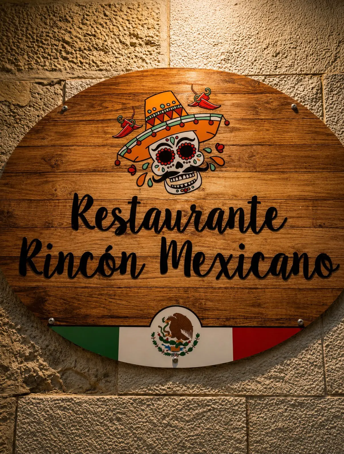 Letrero de madera del Restaurante Rincón Mexicano sobre una pared de piedra